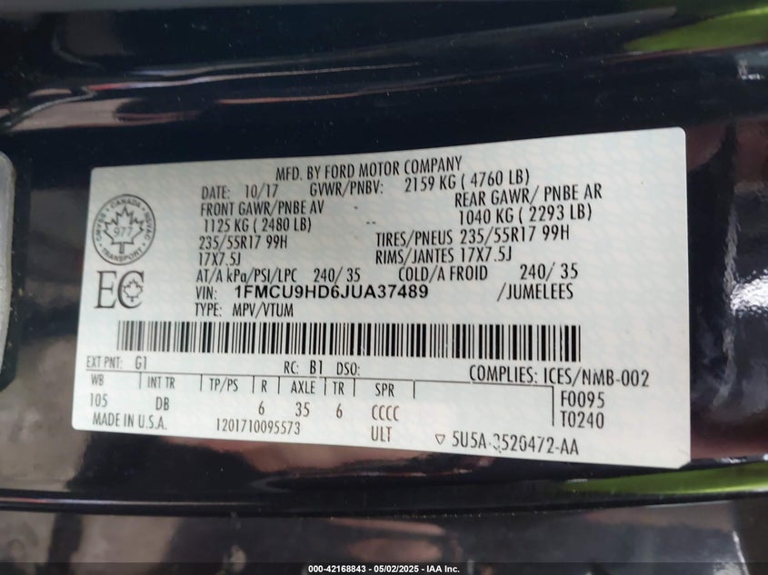 2018 FORD ESCAPE VIN: 1FMCU9HD6JUA37489