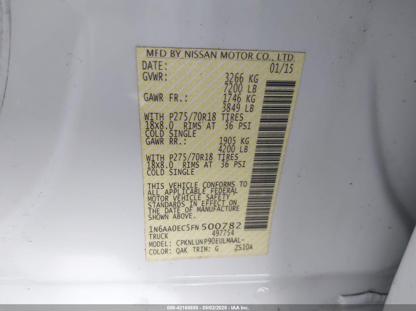 2015 NISSAN TITAN VIN: 1N6AA0EC5FN500782
