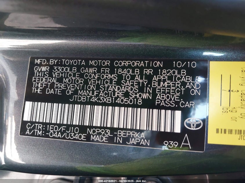 2011 TOYOTA YARIS VIN: JTDBT4K3XB1405018