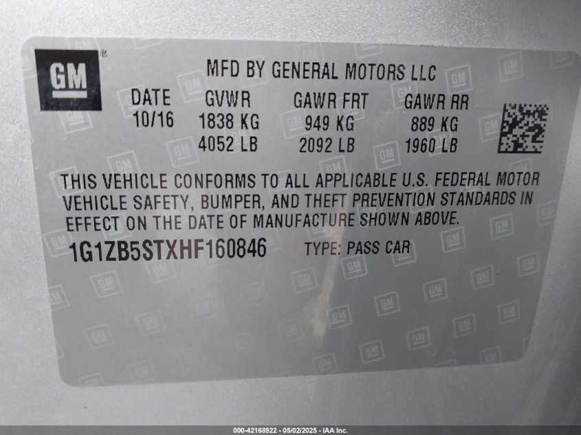 2017 Chevrolet Malibu Ls VIN: 1G1ZB5STXHF160846 Lot: 42168922