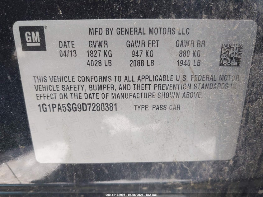 2013 CHEVROLET CRUZE VIN: 1G1PA5SG9D7280381