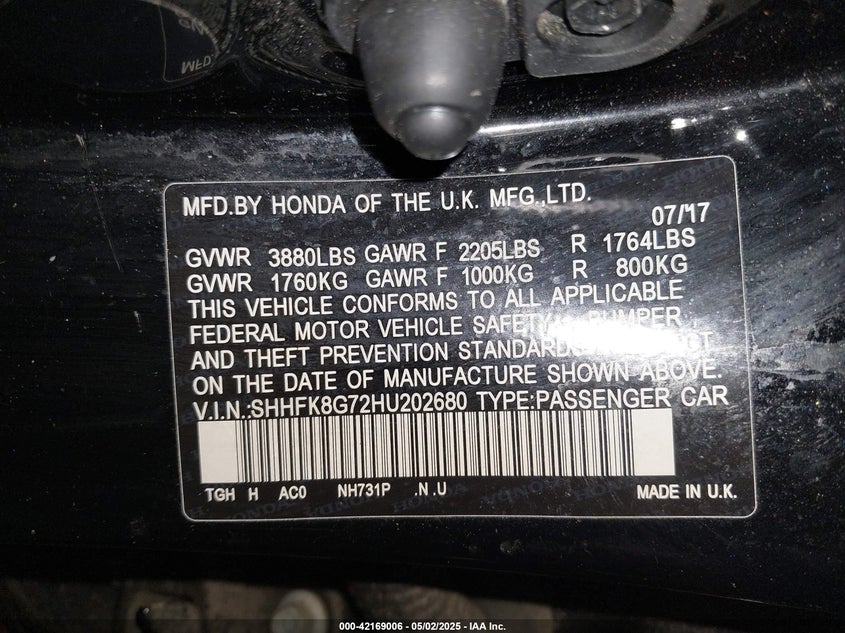 2017 HONDA CIVIC VIN: SHHFK8G72HU202680