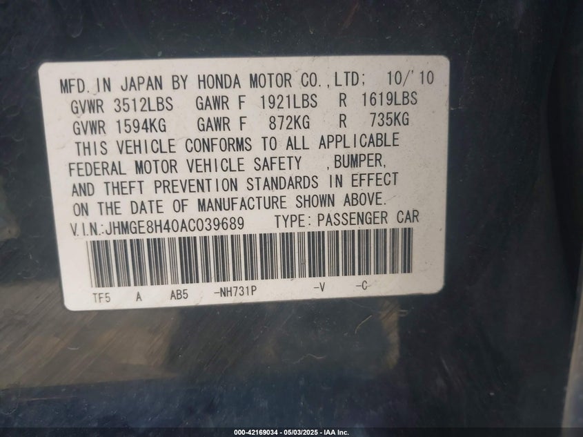2010 HONDA FIT VIN: JHMGE8H40AC039689