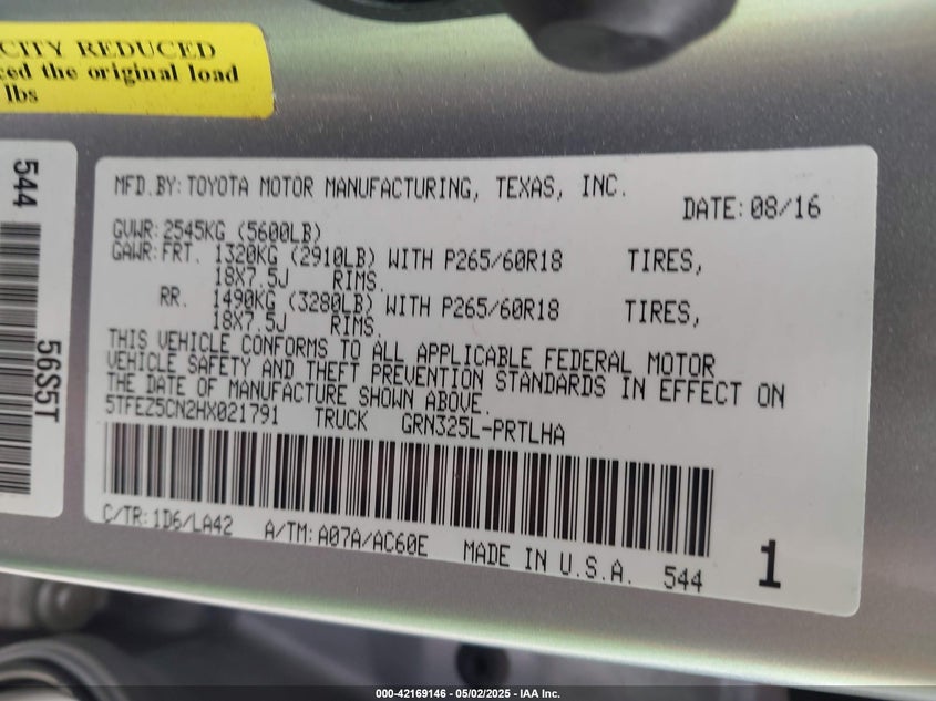 2017 TOYOTA TACOMA VIN: 5TFEZ5CN2HX021791