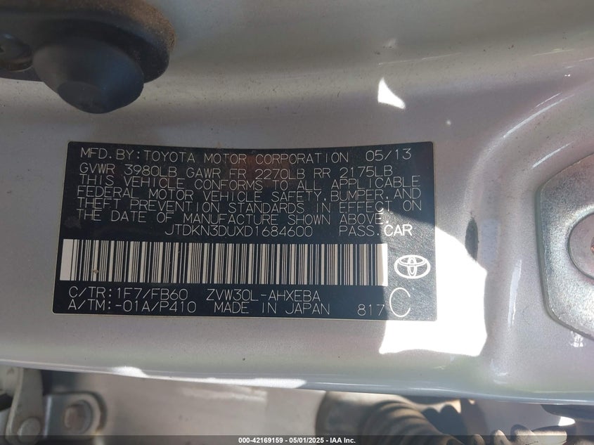 2013 TOYOTA PRIUS VIN: JTDKN3DUXD1684600