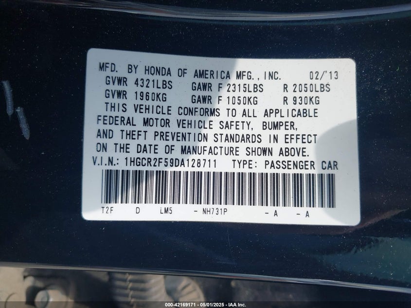 2013 HONDA ACCORD VIN: 1HGCR2F59DA128711