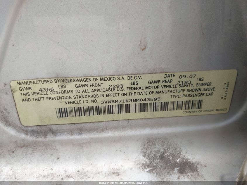 2008 Volkswagen Jetta Se/Sel VIN: 3VWRM71K38M043595 Lot: 42169173