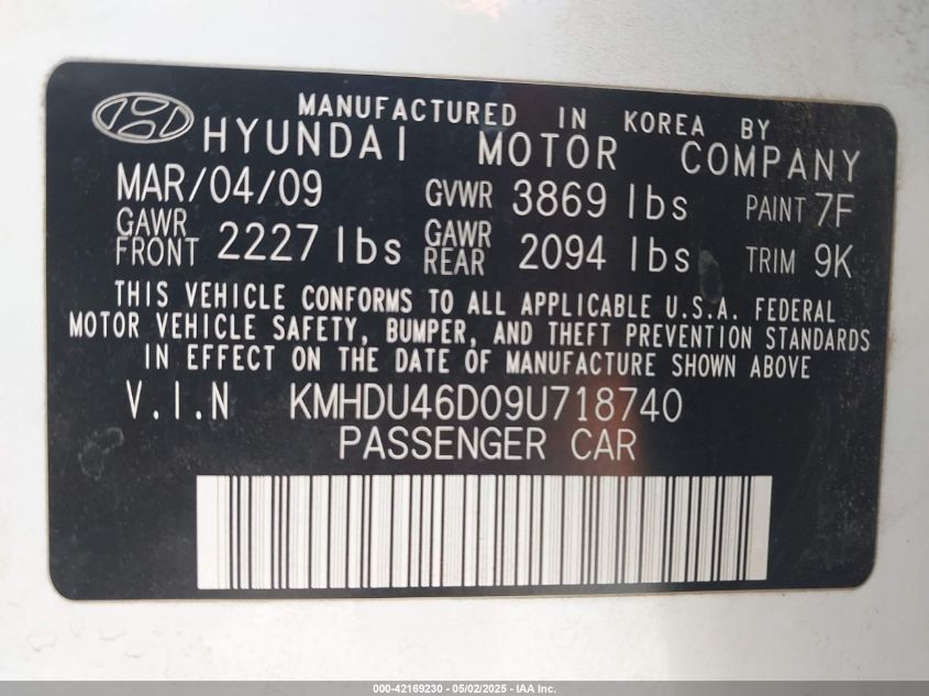 2009 Hyundai Elantra Gls VIN: KMHDU46D09U718740 Lot: 42169230