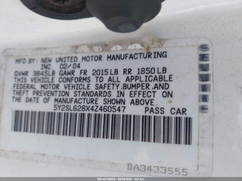 2004 Pontiac Vibe VIN: 5Y2SL628X4D460547 Lot: 42169233
