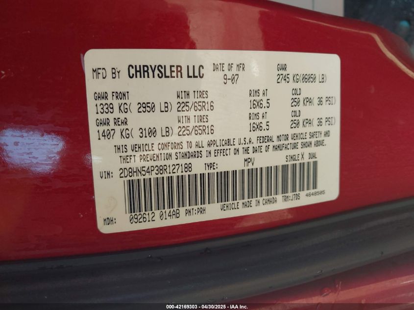 2008 Dodge Grand Caravan Sxt VIN: 2D8HN54P38R12Y188 Lot: 42169303