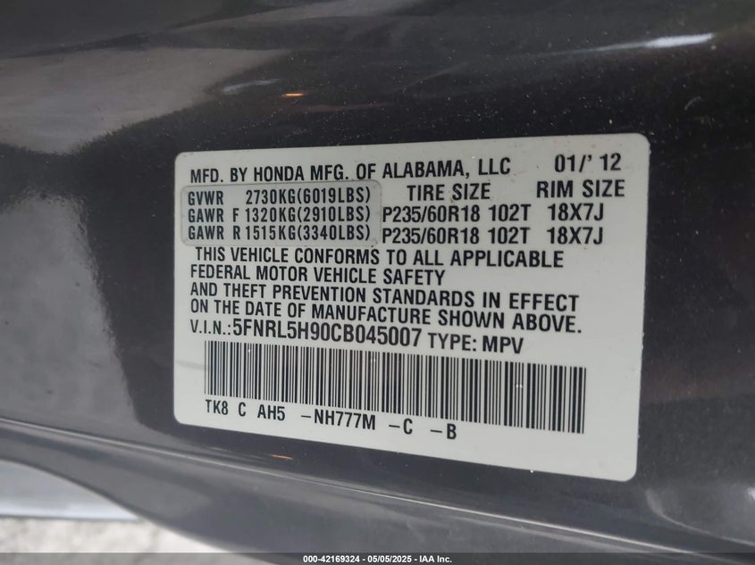 2012 HONDA ODYSSEY VIN: 5FNRL5H90CB045007