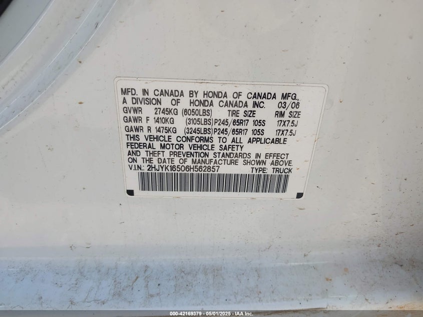 2006 HONDA RIDGELINE VIN: 2HJYK16506H562857