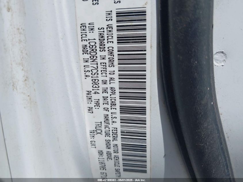 2012 Ram 1500 Laramie VIN: 1C6RD6NT7CS160314 Lot: 42169383