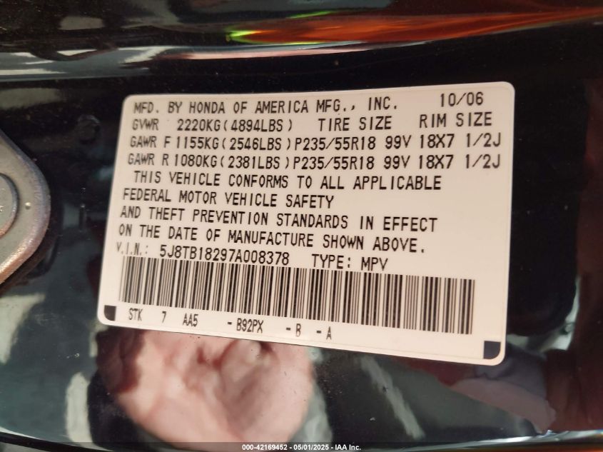 2007 Acura Rdx VIN: 5J8TB18297A008378 Lot: 42169452