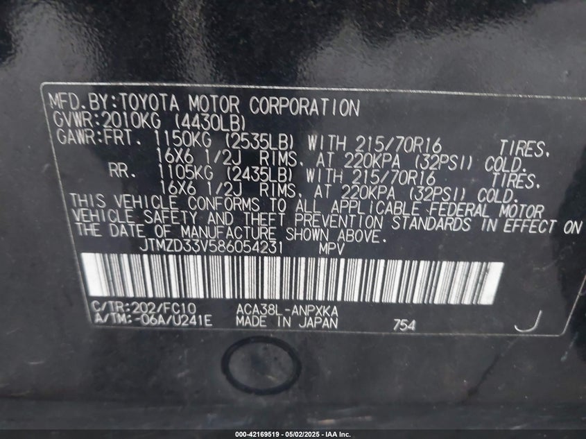 2008 TOYOTA RAV4 VIN: JTMZD33V586054231