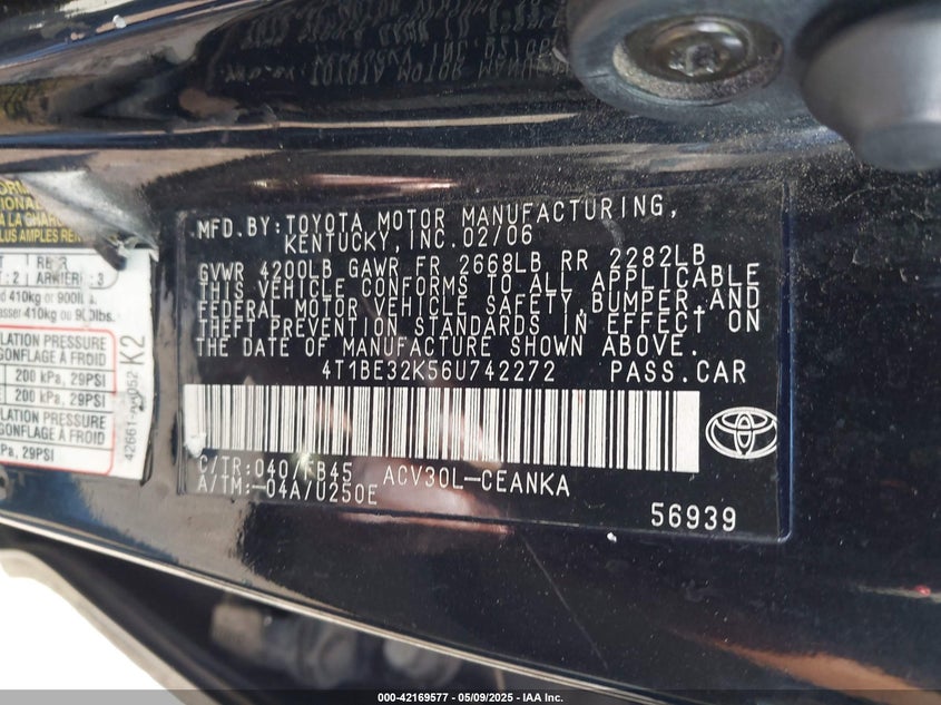 2006 TOYOTA CAMRY VIN: 4T1BE32K56U742272