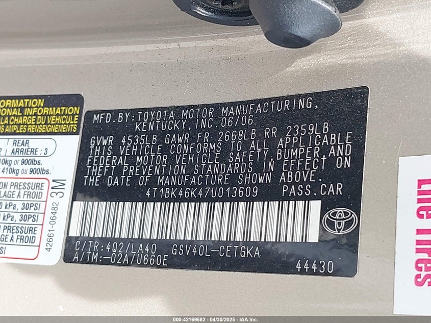 2007 TOYOTA CAMRY VIN: 4T1BK46K47U013609