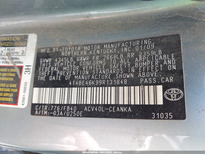2009 TOYOTA CAMRY VIN: 4T4BE46K99R131848