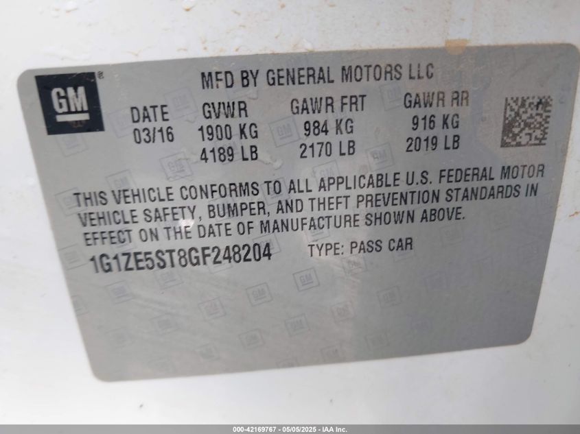 2016 Chevrolet Malibu 1Lt VIN: 1G1ZE5ST8GF248204 Lot: 42169767