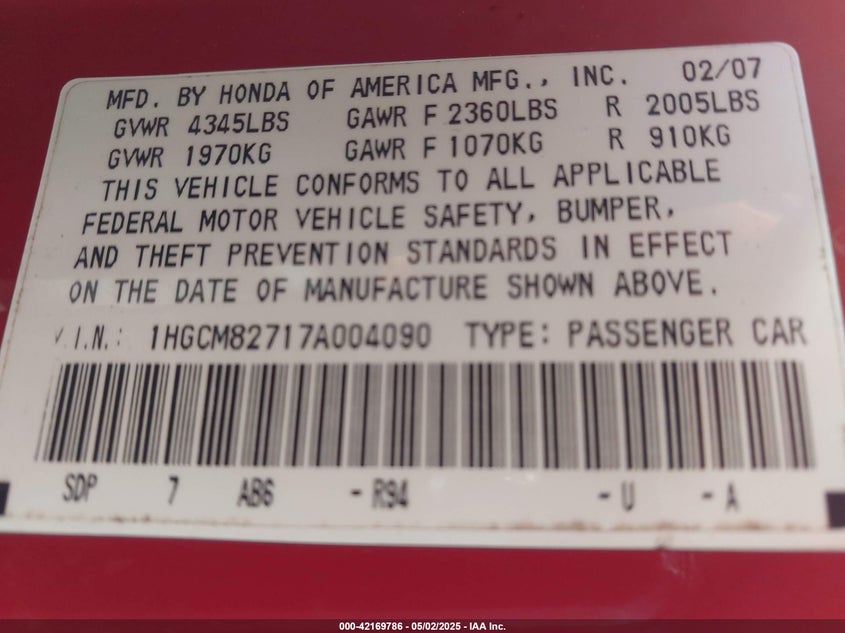 2007 HONDA ACCORD VIN: 1HGCM82717A004090