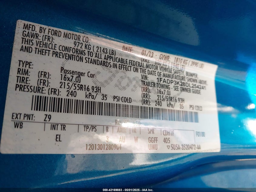 2013 FORD FOCUS VIN: 1FADP3K28DL254241