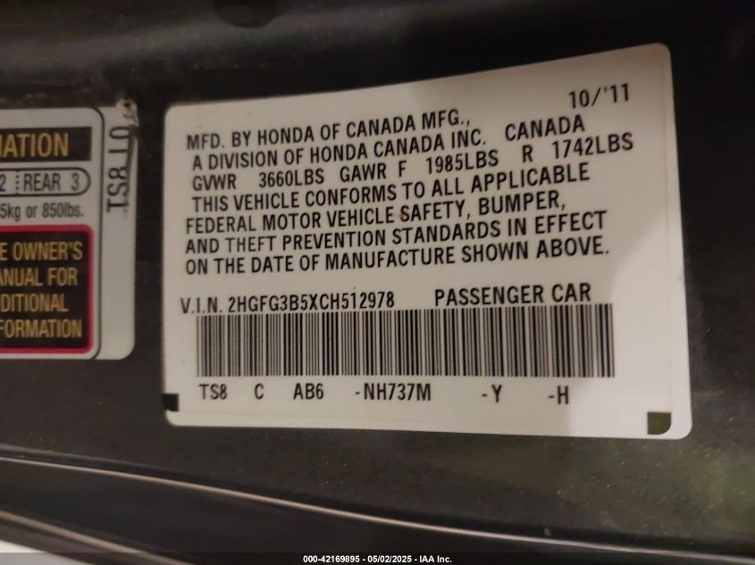 2012 Honda Civic Lx VIN: 2HGFG3B5XCH512978 Lot: 42169895