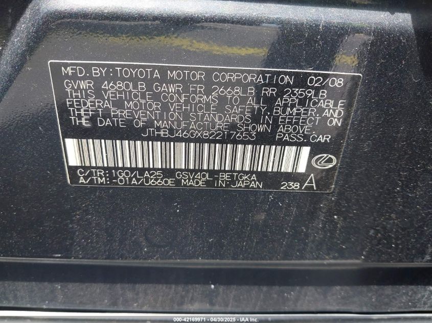 2008 Lexus Es 350 VIN: JTHBJ46GX82217653 Lot: 42169971