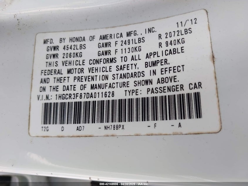 2013 HONDA ACCORD VIN: 1HGCR3F87DA011628