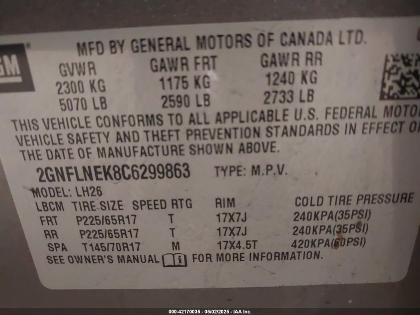 2012 CHEVROLET EQUINOX VIN: 2GNFLNEK8C6299863