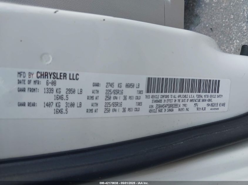 2008 Dodge Grand Caravan Sxt VIN: 2D8HN54P58R839914 Lot: 42170038