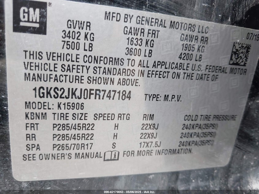 1GKS2JKJ0FR747184 2015 GMC YUKON photo no. 9