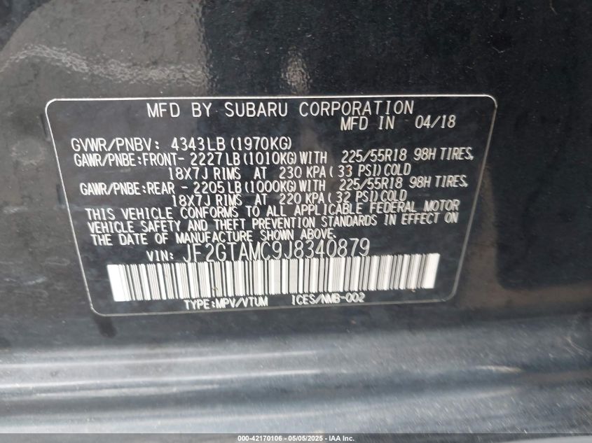 2018 Subaru Crosstrek 2.0I Limited VIN: JF2GTAMC9J8340879 Lot: 42170106