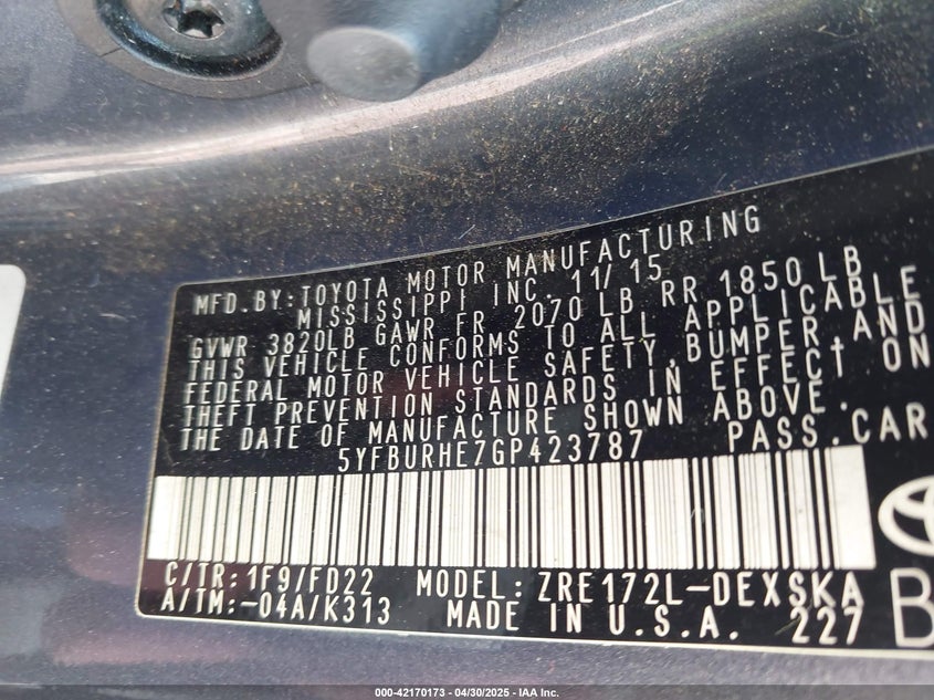 2016 TOYOTA COROLLA VIN: 5YFBURHE7GP423787