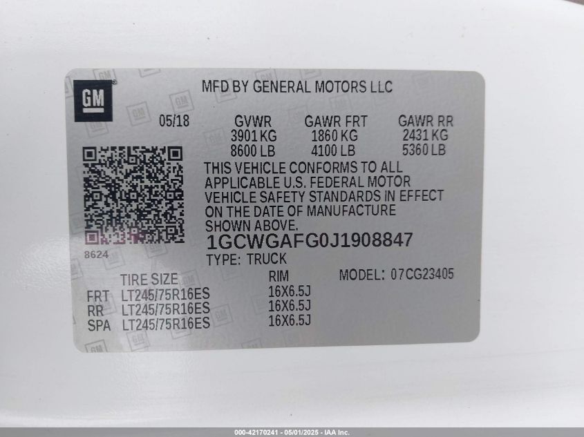 2018 Chevrolet Express 2500 Work Van VIN: 1GCWGAFG0J1908847 Lot: 42170241