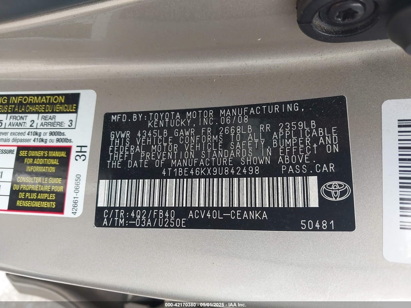 2009 TOYOTA CAMRY VIN: 4T1BE46KX9U842498