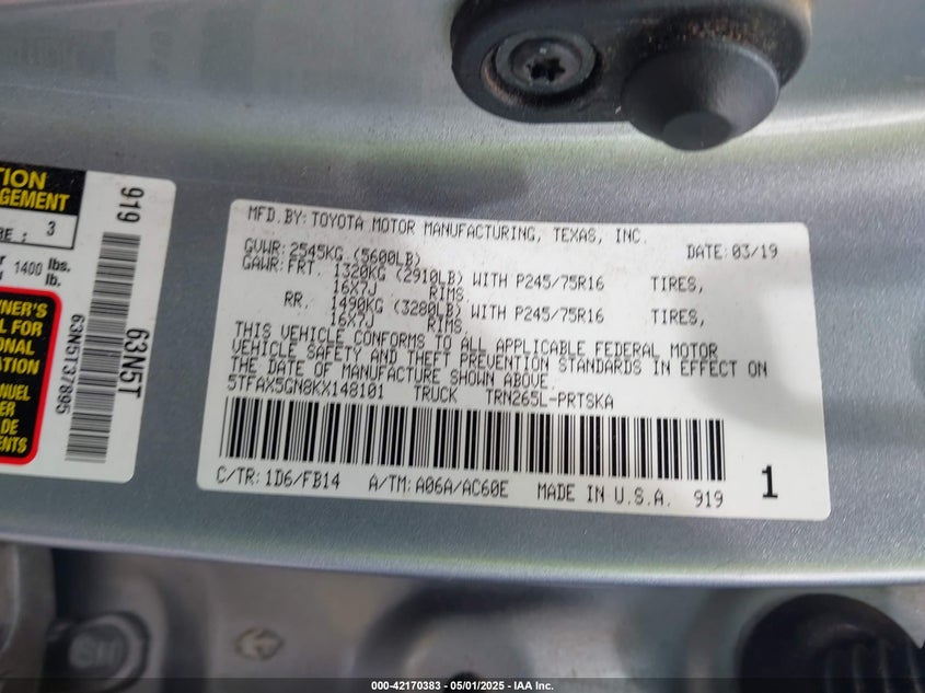 2019 TOYOTA TACOMA VIN: 5TFAX5GN8KX148101