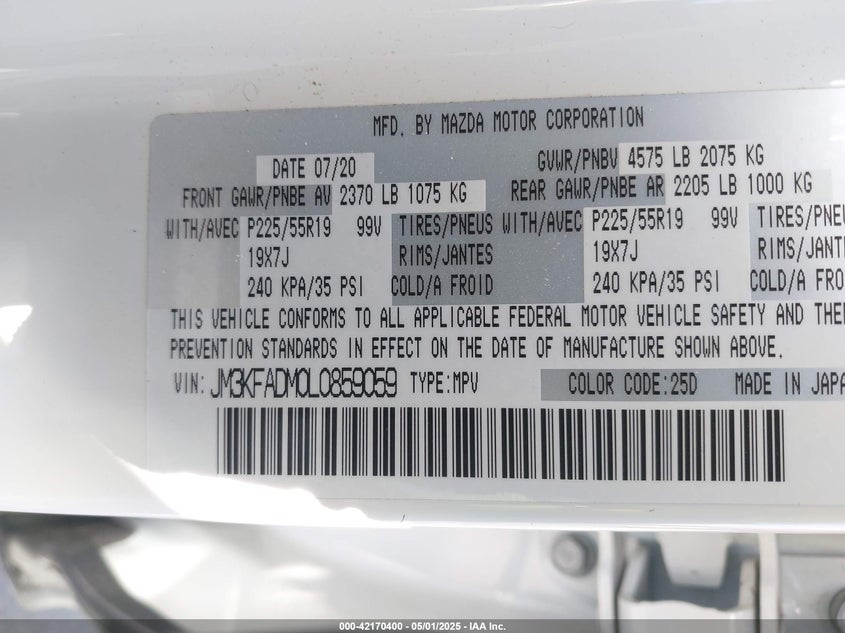 VIN JM3KFADM0L0859059 2020 MAZDA CX-5 GRAND TOURING
