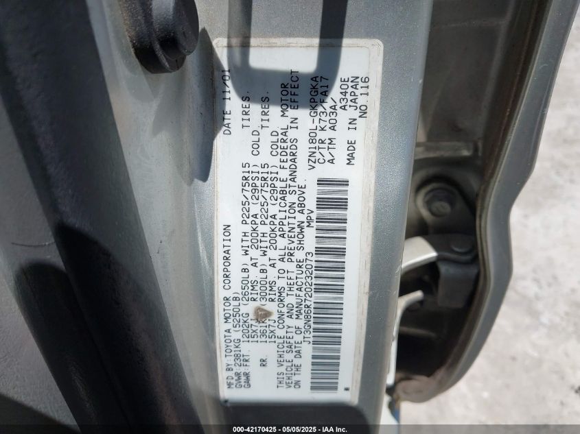 2002 Toyota 4Runner VIN: JT3GNB6R720232073 Lot: 42170425