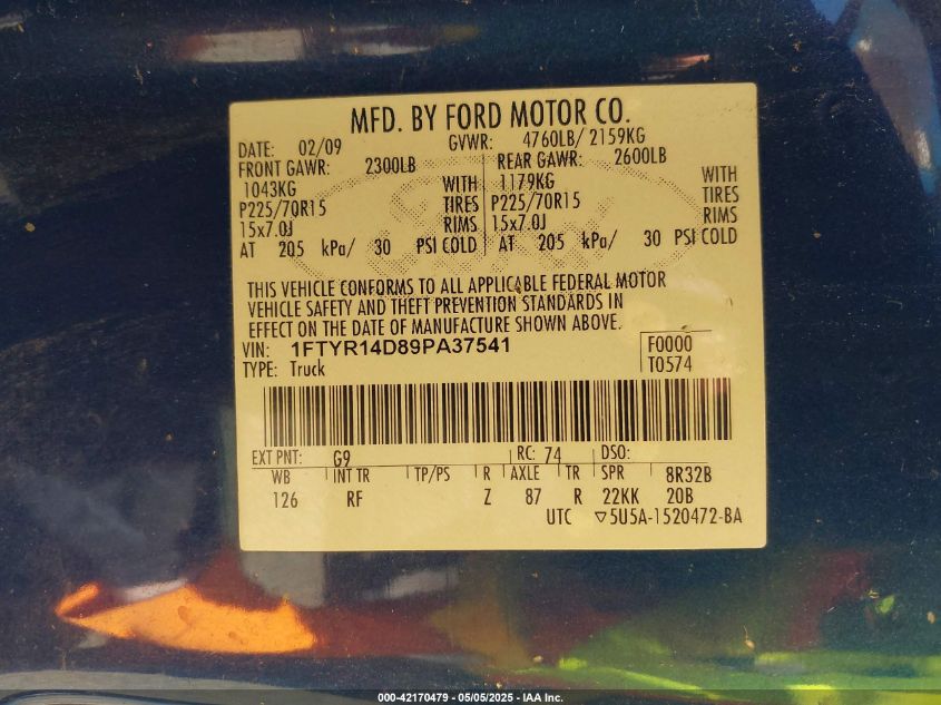2009 Ford Ranger Xlt VIN: 1FTYR14D89PA37541 Lot: 42170479