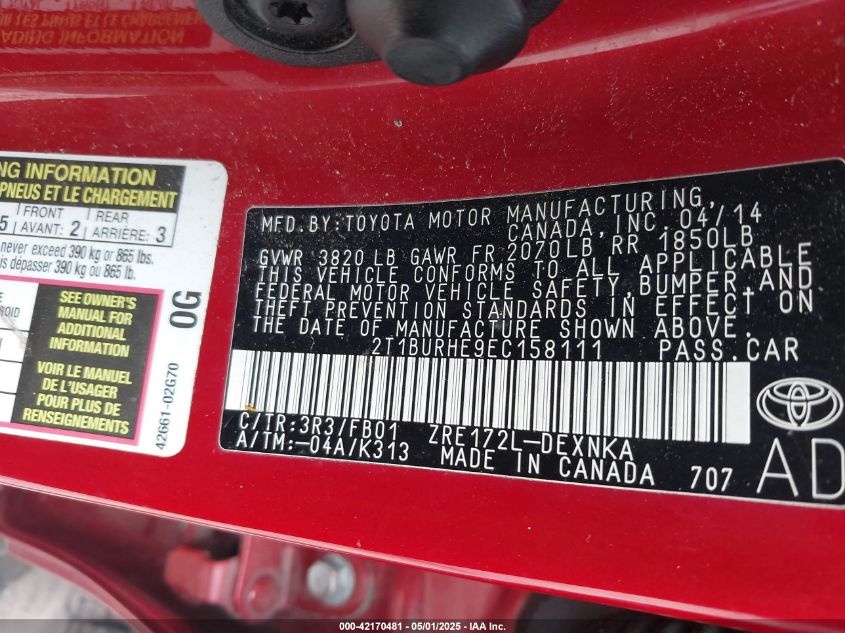 2014 Toyota Corolla Le VIN: 2T1BURHE9EC158111 Lot: 42170481