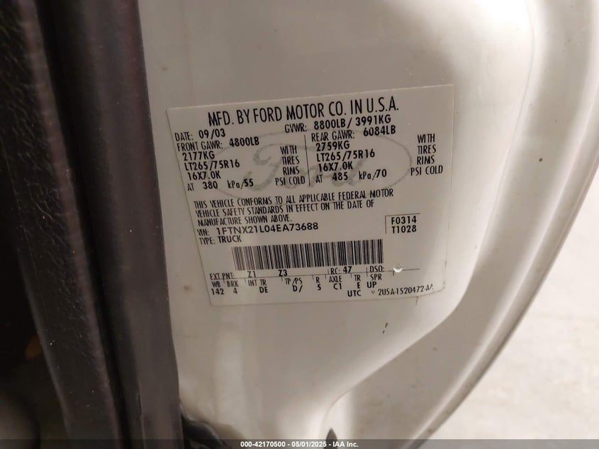 2004 Ford F-250 Lariat/Xl/Xlt VIN: 1FTNX21L04EA73688 Lot: 42170500