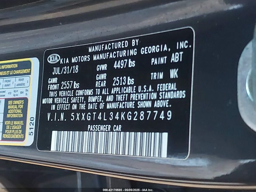 2019 Kia Optima Lx VIN: 5XXGT4L34KG287749 Lot: 42170585