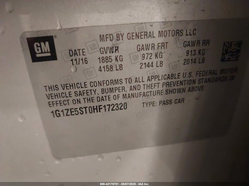 2017 CHEVROLET MALIBU VIN: 1G1ZE5ST0HF172320