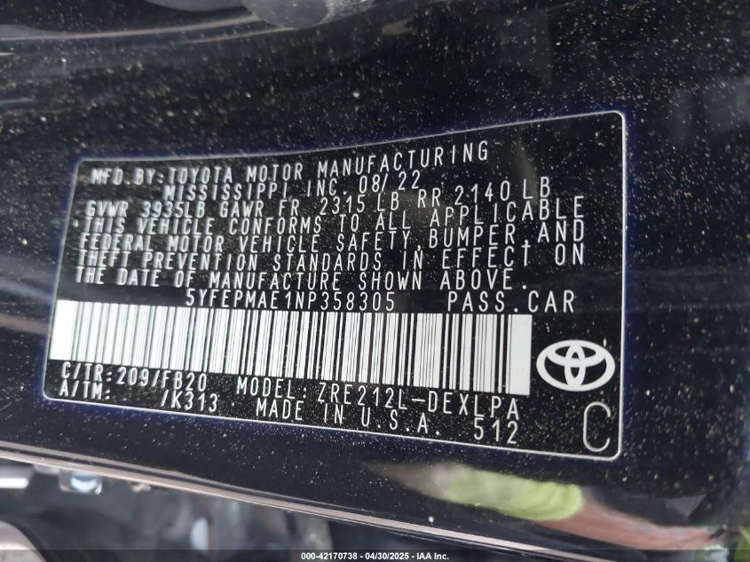 2022 Toyota Corolla Le VIN: 5YFEPMAE1NP356305 Lot: 42170738