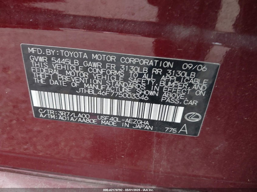 2007 LEXUS LS 460 VIN: JTHBL46F775003346