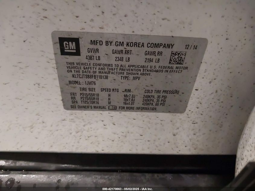 2015 CHEVROLET TRAX LTZ - KL7CJTSB8FB118138