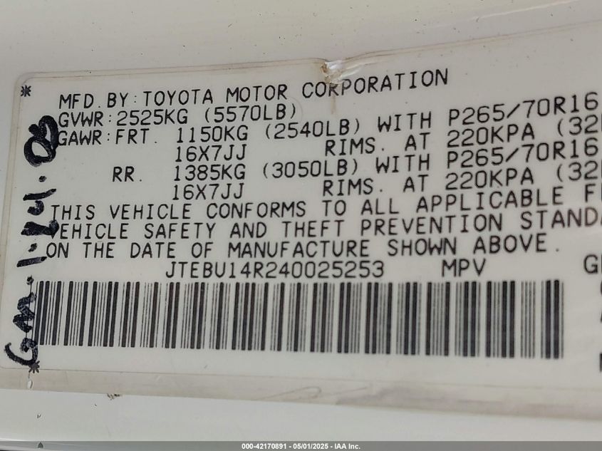 2004 Toyota 4Runner Sr5 V6 VIN: JTEBU14R240025253 Lot: 42170891
