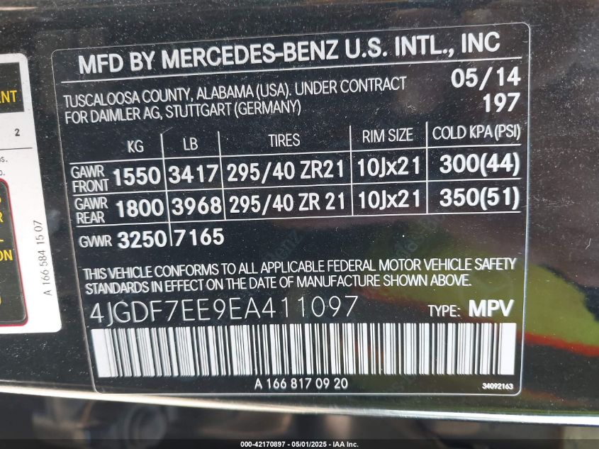 2014 Mercedes-Benz Gl 63 Amg 4Matic VIN: 4JGDF7EE9EA411097 Lot: 42170897