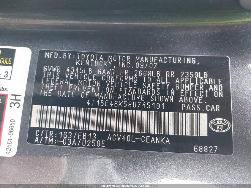 2008 TOYOTA CAMRY VIN: 4T1BE46K58U745191