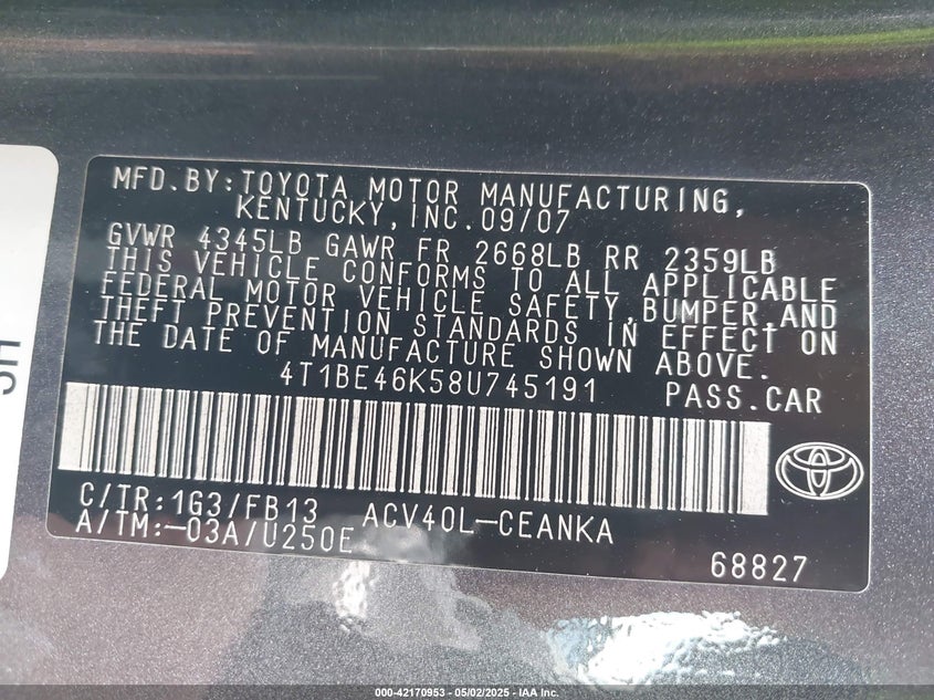 2008 TOYOTA CAMRY VIN: 4T1BE46K58U745191